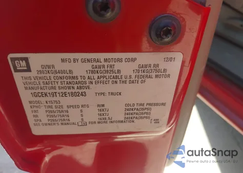 2002 Chevrolet Silverado 1500 Ls из США, поврежденный, VIN 1GCEK19T12E180243